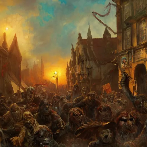 Image similar to zombies attack medieval town, close up, painting by gaston bussiere, craig mullins, j. c. leyendecker, 4 k, 8 k, trending on artstation, artstationhd, artstationhq, highest detail