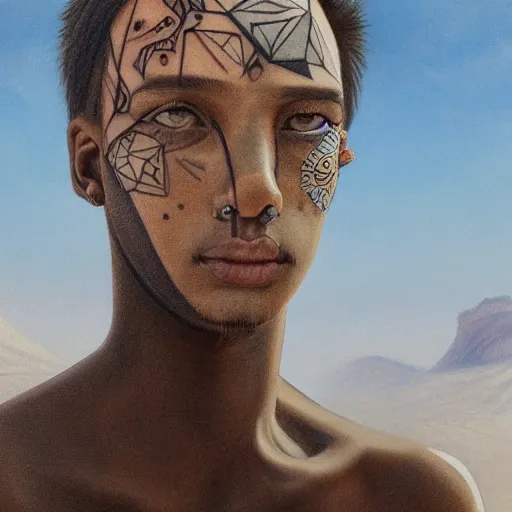 Image similar to a detailed portrait of a boy with a face tattoo in the desert, fantasy art illustration, incredibly highly detailed and realistic, 8 k, sharp focus