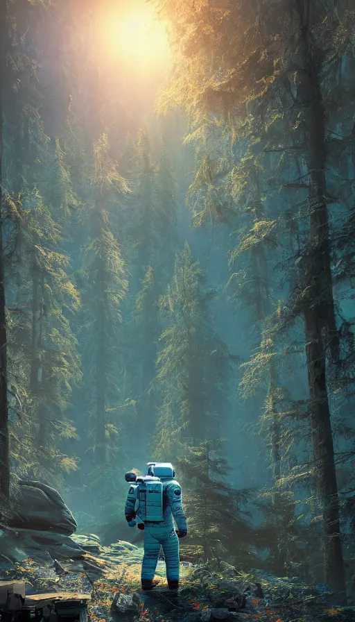 Image similar to american astronaut in teal and orange suite, the forest plants environment wide angle cinematic lighting atmospheric realistic octane render highly detailed, octane render, in the style of craig mullins