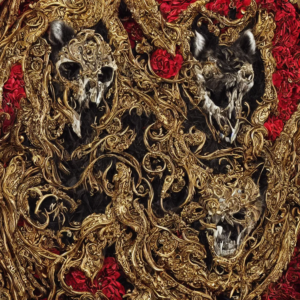 Image similar to photo portrait portrait of femine puma with skull pendant, wolf skull pedant, golden fur, symmetric, intricate skeletal decorations on ornate silks, symmetry, highly detailed, concept art, ornaments, black, red, white, gold layers, super moon, style of nekroxiii, hyperrealistic