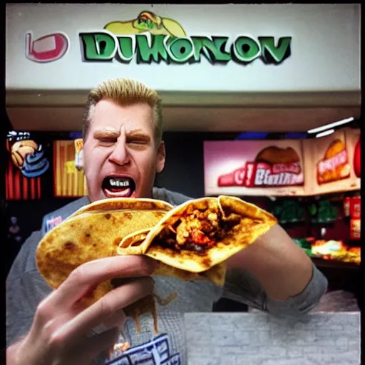 Image similar to duke nukem eating a burrito in a shopping mall