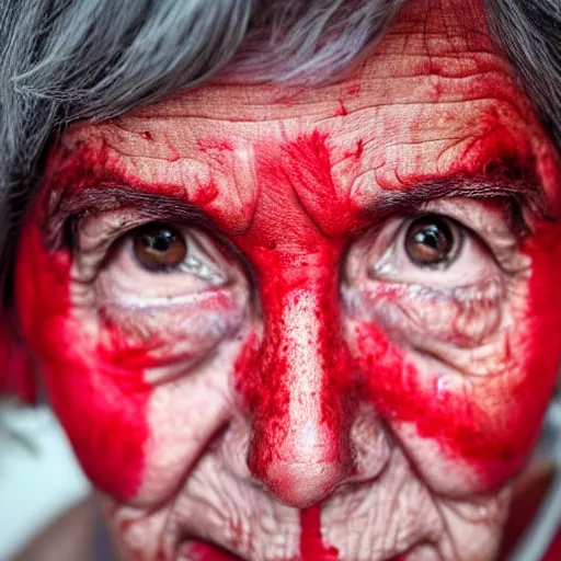 Image similar to elderly woman with black eyes covered in red paint, photorealistic, award winning, 8k,