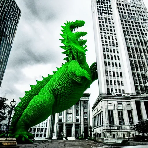 Image similar to madison wisconsin capital being attacked by huge green godzilla ( 1 9 8 9 ) eos 5 ds r, iso 1 0 0, f / 8, 1 / 1 2 5, 8 4 mm, postprocessed, bokeh )