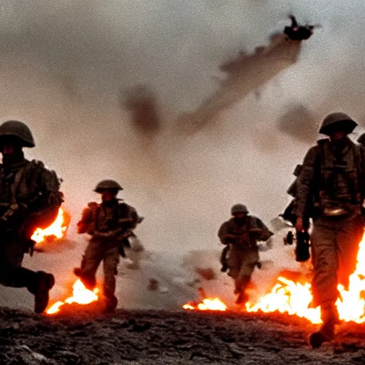 Image similar to american soldiers running at the camera during normandy beach landing with fiery explosions and debris all around them in the style of the movie lone survivor and saving private ryan, gritty, 4 k, cinematic lighting,