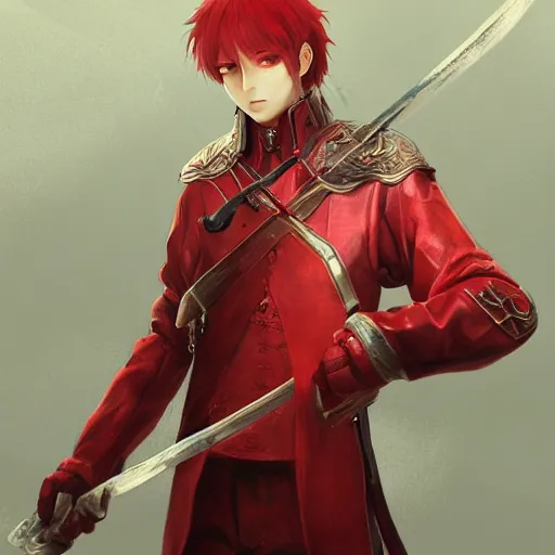 Image similar to a man in a red outfit holding a sword, a detailed painting by torii kiyomitsu, cgsociety, fantasy art, redshift, rich color palette, anime aesthetic