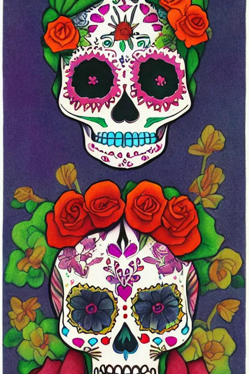 Image similar to illustration of a sugar skull day of the dead girl, art by diego rivera