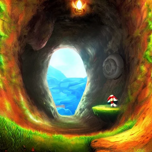 Prompt: the abyss, cave portal entrance into the Mushroom Kingdom, detailed Mario running towards portal, fantasy artwork, award winning, very very very very beautiful scenery, artstation
