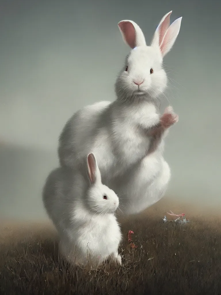 Prompt: a portrait of a white rabbit in a painting from stalenhag, 4 k, 8 k, hdr, artstation, concept art