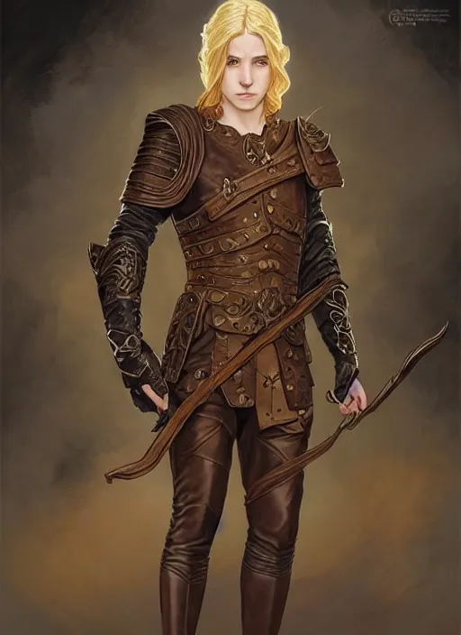 Image similar to an epic fantasy comic book style full body portrait painting of a young blonde boy who is over confident, wearing plain brown leather thief clothes, d & d, fantasy, intricate, elegant, highly detailed, digital painting, artstation, concept art, matte, sharp focus, illustration, art by artgerm and greg rutkowski and alphonse mucha