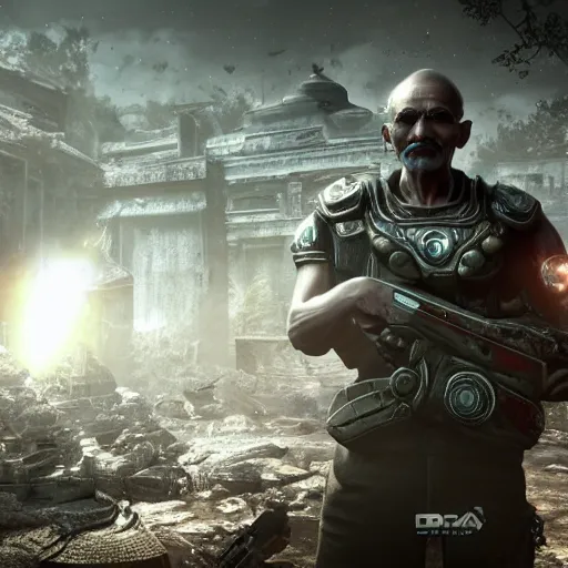 Image similar to Portrait of Mahatma Gandhi in Gears of War, splash art, movie still, cinematic lighting, dramatic, octane render, long lens, shallow depth of field, bokeh, anamorphic lens flare, 8k, hyper detailed, 35mm film grain