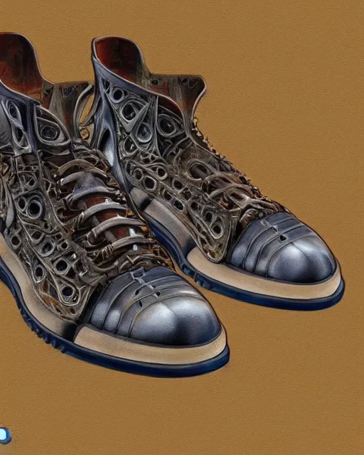 Image similar to shoes design by frank franzetta, biomechanical, 4 k, hyper detailed