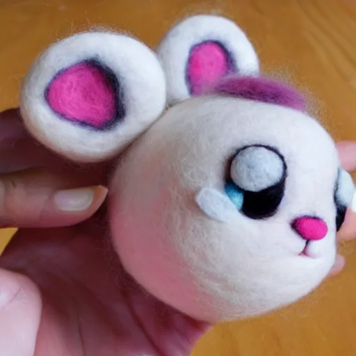 Prompt: a needle felted jigglypuff pokemon, needle felting art.