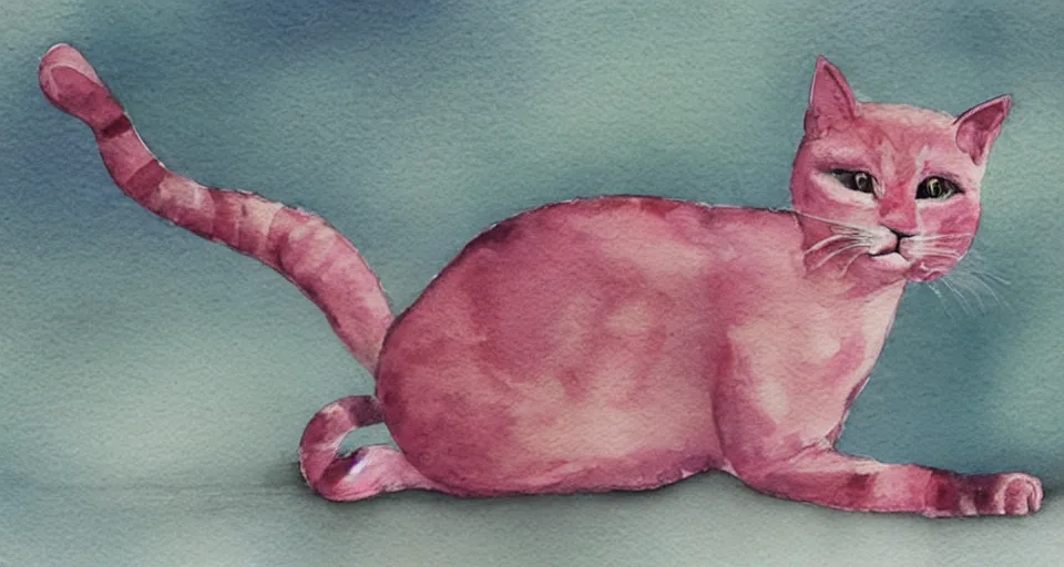 Prompt: a beautiful watercolor painting of a pink cat stretching