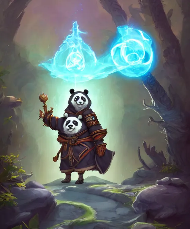 Image similar to a portrait an anthropomorphic panda mage casting a spell, wearing mage robes, landscape in background, cute, dnd character art portrait, by world of warcraft and peter mohrbacher, cinematic lighting