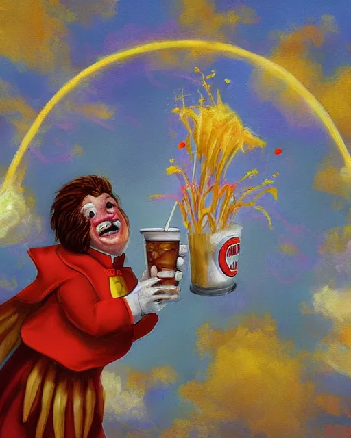 Image similar to ronald mcdonald as an angel ascending into the gates of heaven, french fries wings, onion ring halo, sunbeams, milkshake clouds, digital painting