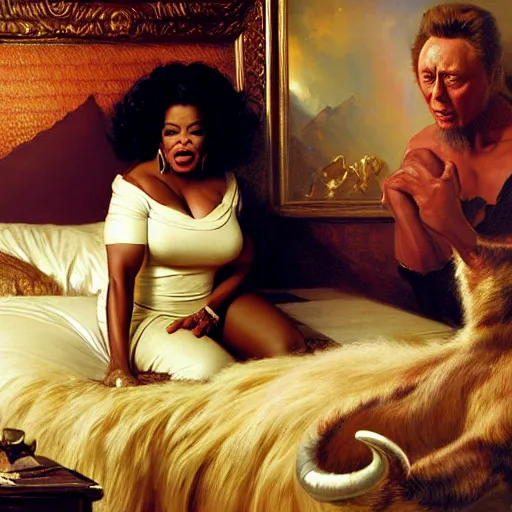 Image similar to oprah winfrey is in her bed, nervous and terrified, because a double horned christopher walken from hell is attacking him. highly detailed painting by gaston bussiere, j. c. leyendecker, greg rutkowski, craig mullins 8 k