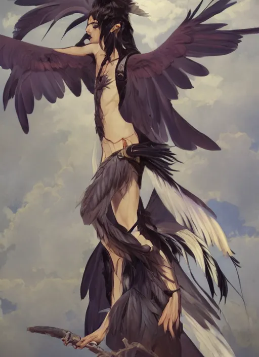 Prompt: concept art painting of a harpy with black feathers, androgynous, pirate clothes, detailed, realistic, cel shaded, in the style of makoto shinkai and james gurney and alphonse mucha and greg rutkowski and artgerm