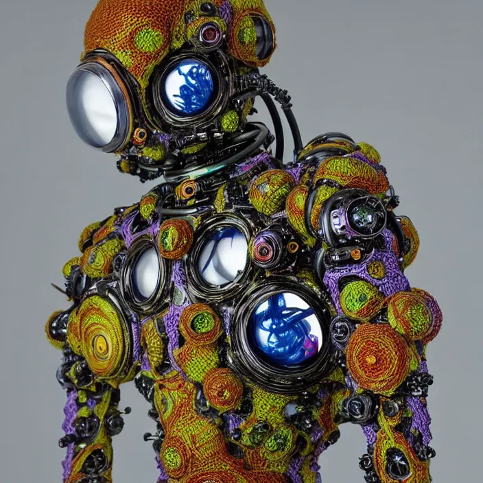 Image similar to a cybernetic symbiosis of a single astronaut mech-organic eva suit made of pearlescent wearing anodized thread knitted shiny ceramic multi colored yarn thread infected with kevlar,ferrofluid drips,carbon fiber,ceramic cracks,gaseous blob materials and diamond 3d fractal lace iridescent bubble 3d skin dotted covered with orb stalks of insectoid compound eye camera lenses orbs floats through the living room, film still from the movie directed by Denis Villeneuve with art direction by Salvador Dalí, wide lens,