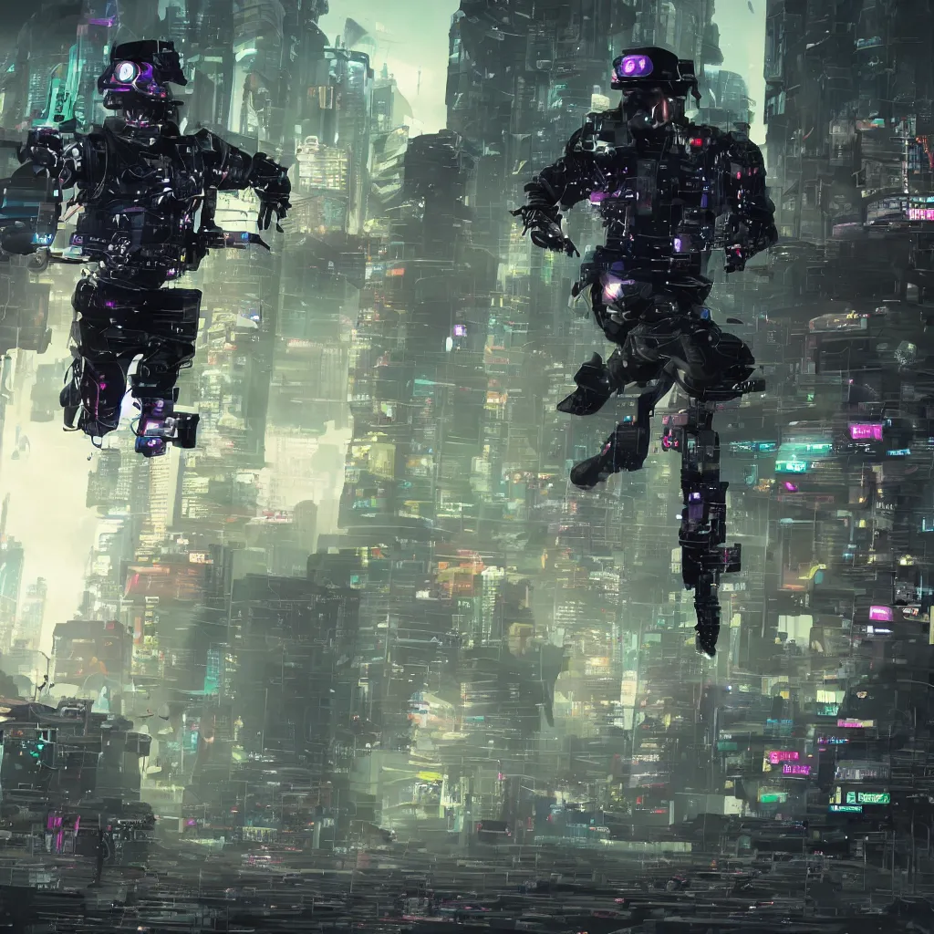 Image similar to a cyberpunk soldier running in full speed