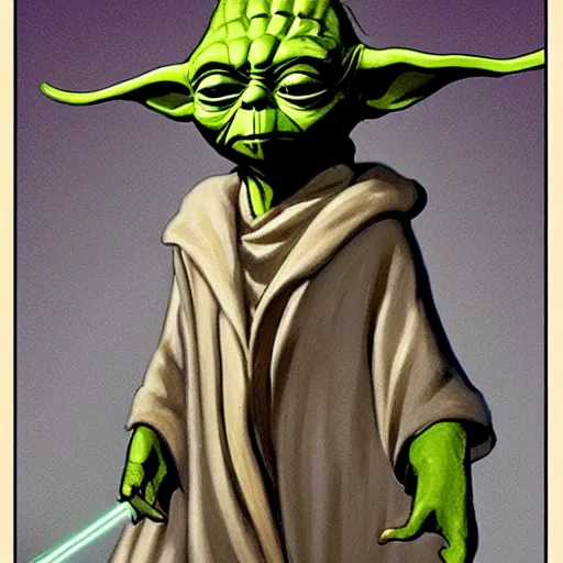 Image similar to inspired by ralph mcquarrie, yoda with a lightsaber