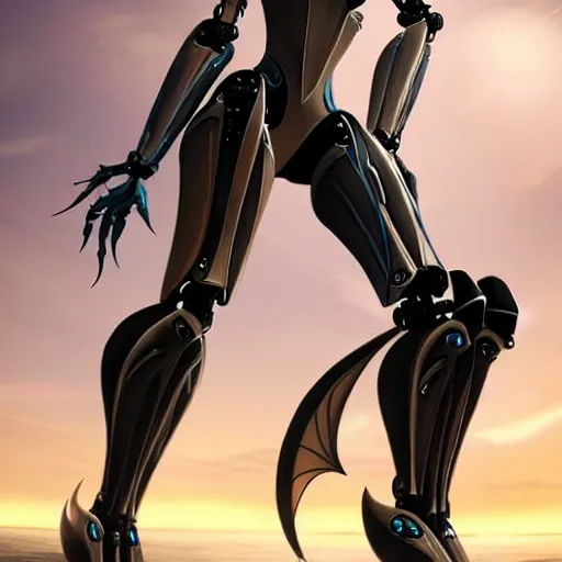 Image similar to looking up at a highly detailed 300 foot tall giant exquisite beautiful female warframe, as an anthropomorphic robot dragon, posing elegantly over your tiny form, camera on the ground, at the beach on a sunset, sleek streamlined design, streamlined matte black armor, sharp detailed claws, detailed sharp robot dragon feet, giantess shot, upward shot, ground view shot, leg shot, front shot, cinematic shot, high quality warframe fanart, captura, realistic, professional digital art, high end digital art, furry art, giantess art, anthro art, DeviantArt, artstation, Furaffinity, 8k HD render, epic lighting