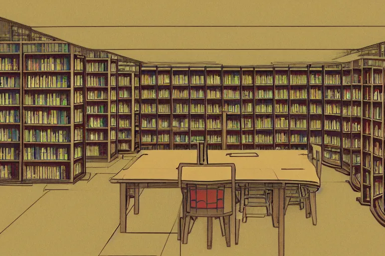 Prompt: a library is half gloomy and half warm, japanese animation style