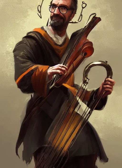 Image similar to illustration of gordon freeman from half - life as a bard playing a lyre, dressed in renaissance clothing, by greg rutkowski artstation
