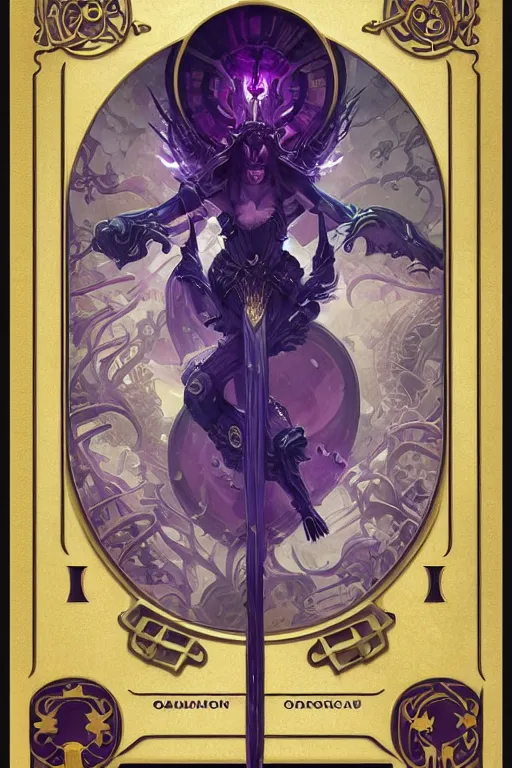 Image similar to Boardgame card, with ornamental edges, sharp, symmetrical, Lovecraftian, purple, gold, black and blue, tzeentch, by greg rutkowski and alphonse mucha, 8k, trending on artstation