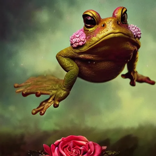 Image similar to soulful long shot of a crazy toad baby sitting in a rose blossom, by esao andrews, by m. w. kaluta, ultra humorous illustration, small depth of field, perspective perception, volumetric light, psychedelic colors, 3 d octane render, 8 k, conceptart, hyperdetailed, hyperrealistic, trending on artstation