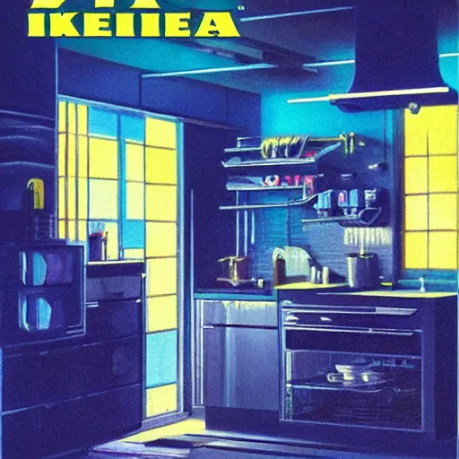 Image similar to IKEA catalogue photo of a cyberpunk kitchen, by Paul Lehr