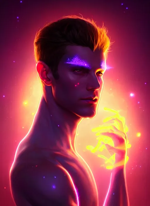 Image similar to a male faceless glowing liquefied stardust adventurer, dnd fantasy character, full body portrait, glowing neon skin, magical aura, ultra realistic, intricate, elegant, highly detailed, digital painting, artstation, smooth, sharp, focus, illustration, art by artgerm and greg rutkowski and alphonse mucha