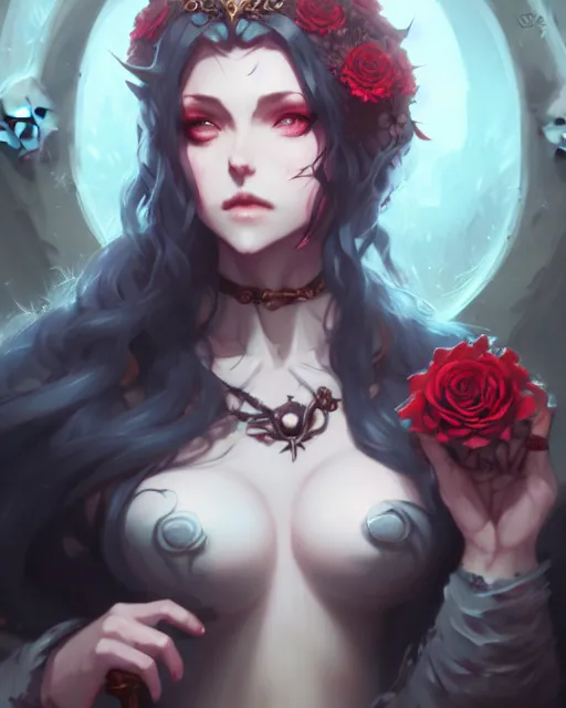 Image similar to dressed dark sorceress surrounded by skulls and roses, atmospheric, cushart krenz, very detailed, realistic face, detailed face, matte, tonemapping, bbwchan, perfection, 4 k, cushart krenz