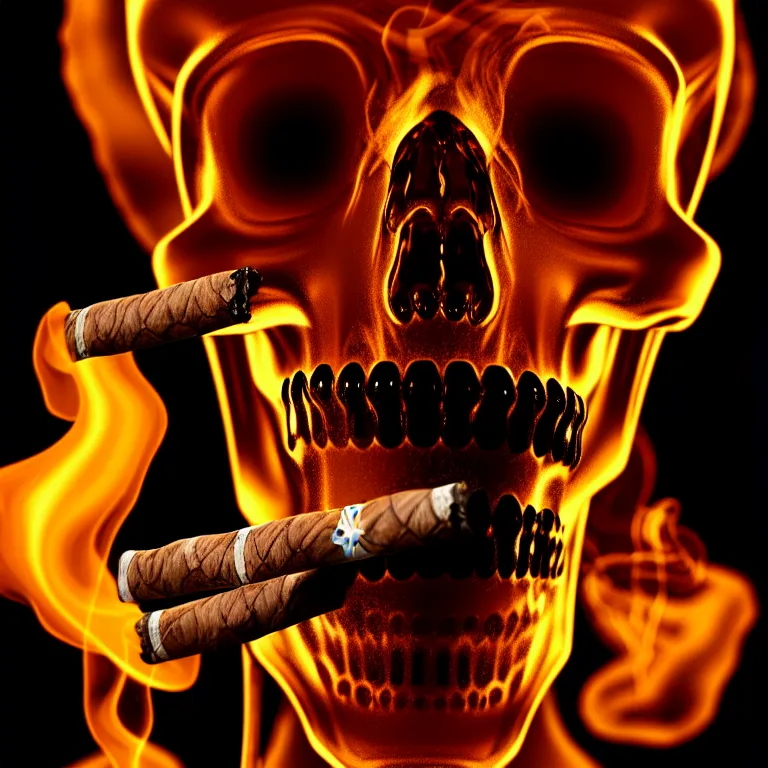 Prompt: a detailed portrait of a glass skull smoking one perfectly symmetrical cuban cigar, cinematic photography, smoke rising like clouds, beautifully symmetrical, super resolution, cgi, trending on art station, volumetric lighting & shadows, hyper detailed, 8 k, unreal engine, canon 2 0 0 mm,