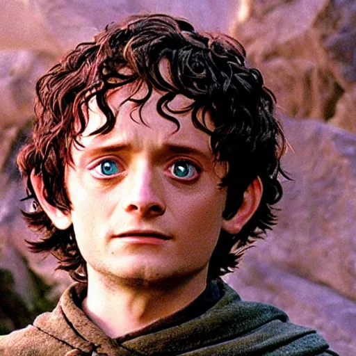 Prompt: promotional image of elijah wood as frodo in lord of the rings by studio ghibli, movie still frame