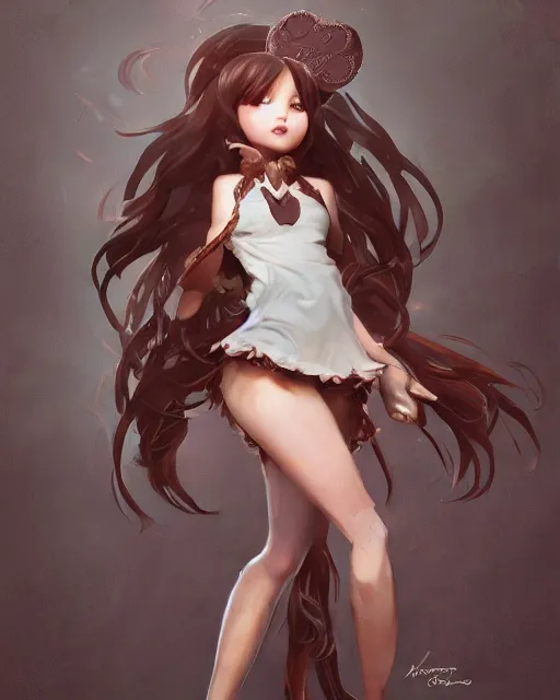 Image similar to a ( girl as personification of chocolate cupcake ), beauty, fantasy bakery, digital art by krenz cushart, laurie greasly, wlop, artgerm, intricate, ( highly detailed figure ), sharp focus, smooth, epic composition, joyful, unreal engine