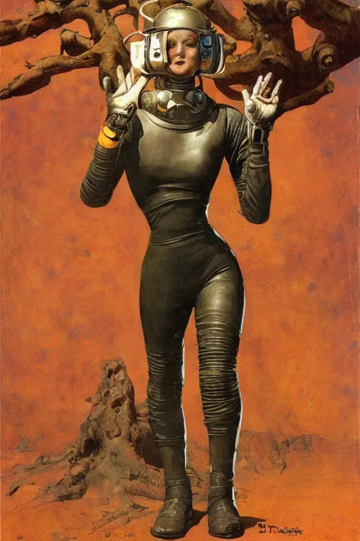 Prompt: 5 0 s pulp scifi fantasy illustration full body portrait slim mature woman in leather spacesuit on mars, baobab tree, by norman rockwell, roberto ferri, daniel gerhartz, edd cartier, jack kirby, howard v brown, ruan jia, tom lovell, frank r paul, jacob collins, dean cornwell, astounding stories, amazing, fantasy, other worlds