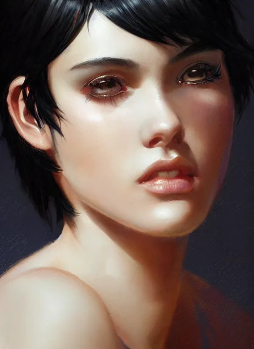 Image similar to girl with black hair, pixie haircut, beautiful highly detailed face, complementary lighting, backlit, dramatic lighting, beautiful painting by artgerm and greg rutkowski and raymond swanland