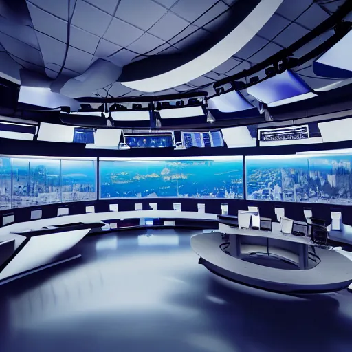 Prompt: futuristic news studio, concept art, wide lens, cinematic composition, architecture, iterior