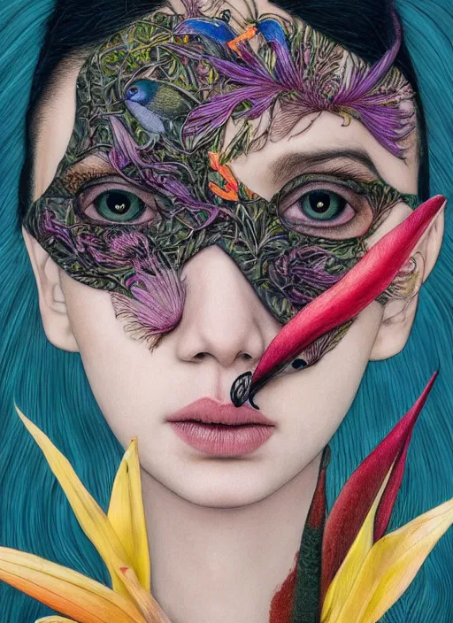 Image similar to an awkward punk woman with a crooked nose, cat eye, botanical, birds of paradise, portrait face, colorful, kupka, intricate, miles johnston, kuroda seiki, ozabu, godward, painterly, yoshitaka amano, moebius, miles johnston, louise zhang, james jean, mark ryden lowbrow pop surrealism art style