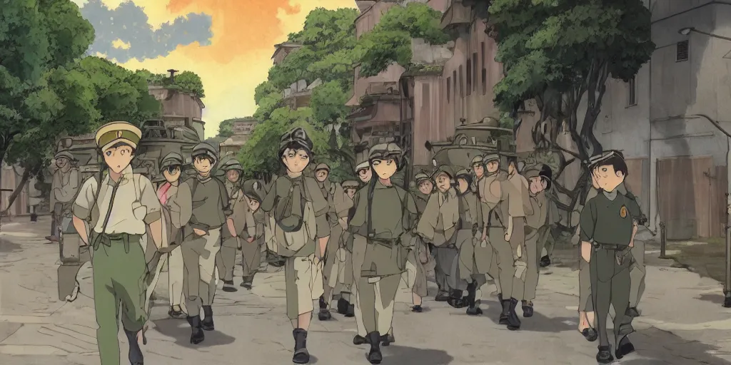 Image similar to wholesome animation studio Ghibli of a young soldier walking near some nazists and tanks in the city of Genova. Sharp bloom dramatic lightning