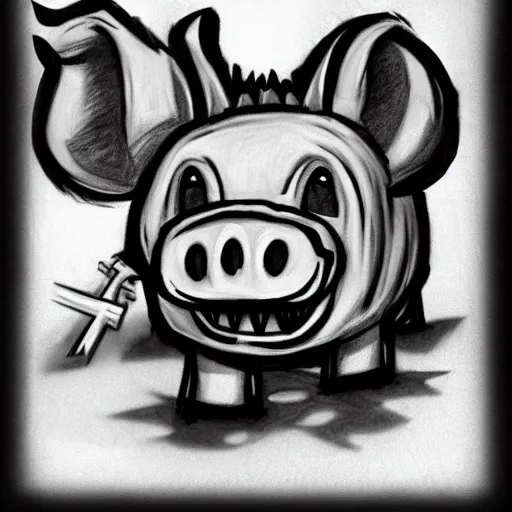 Prompt: minecraft pig horror evil, black and white charcoal sketch