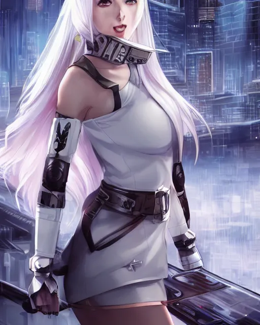Image similar to The successful warrior is the average man, with laser-like focus, artwork by artgerm, anime, cyberpunk streets in Japan, elegant, seductive, long white hair, knee high socks, short plaid skirt, white blouse, full shot, wide-shot, long-shot, fantasy, mystical, magical