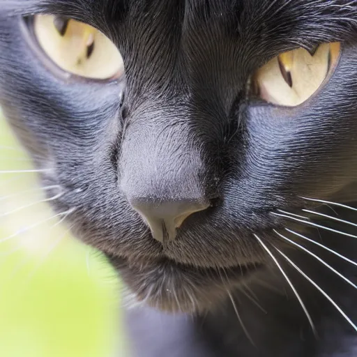 Image similar to close up photograph of a black cat staring towards the camera, wide angle