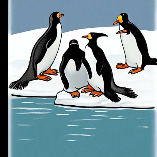 Image similar to s. gross new yorker cartoon of penguins on an iceberg