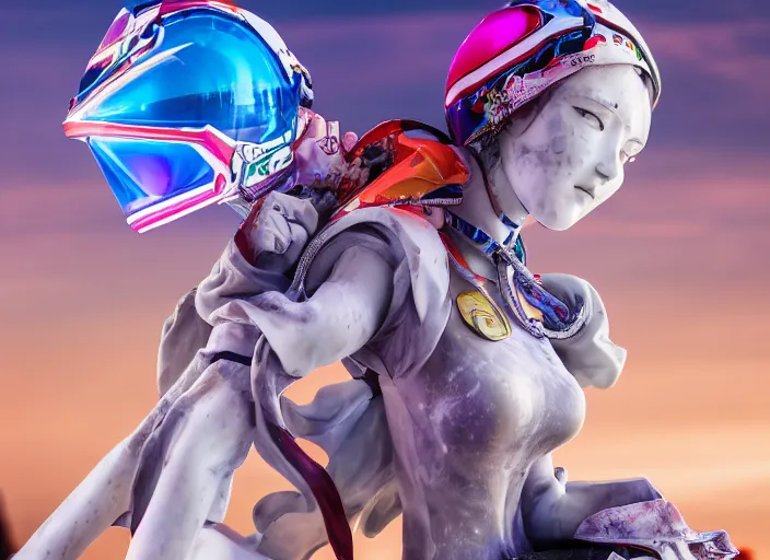 Image similar to extremely beautiful photo of a white marble statue of an anime girl with colorful motocross logos and motorcycle helmet with closed visor, colorful smoke in the background, carved marble statue, fine art, neon genesis evangelion, virgil abloh, offwhite, denoise, highly detailed, 8 k, hyperreal