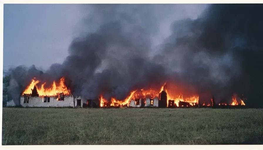 Image similar to 1 9 7 0 s movie still of a burning french style townhouse in a field, cinestill 8 0 0 t 3 5 mm, high quality, heavy grain, high detail, texture, dramatic light, ultra wide lens, panoramic anamorphic, hyperrealistic
