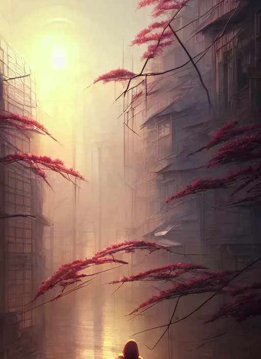 Image similar to spring mornings in the low - poly tokyo, diffuse lighting, fantasy, intricate, surrealism!!!!, highly detailed, lifelike, photorealistic, digital painting, artstation, illustration, concept art, smooth, sharp focus, by greg rutkowski, chris tulloch mccabe, valentina remenar and asher duran,