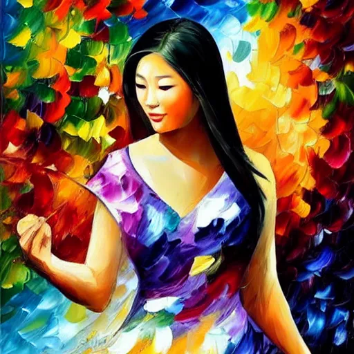 Image similar to a leonid afremov oil painting of a beautiful asian girl