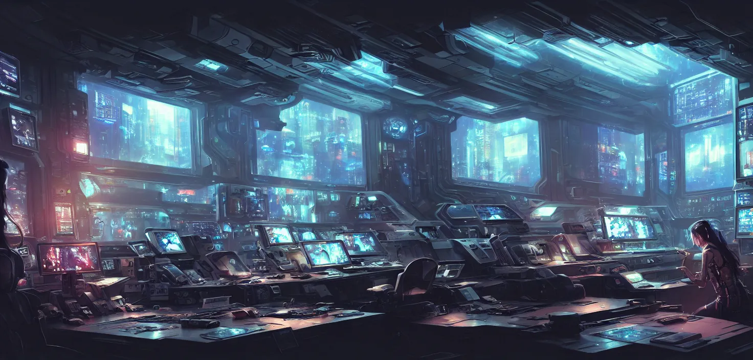 Image similar to a hyper detailed octane render concept art by xision wu, kerem beyit, sandara tang portrait of cyberpunk panel control spaceship room, dim lighting, detailed portraits, unreal engine 5, highly rendered, digital painting, hyper realistic, photo realistic, artstation, concept art, smooth, sharp focus perfect horizontal, symmetry illustration, detailed and intricate environment artstation hq