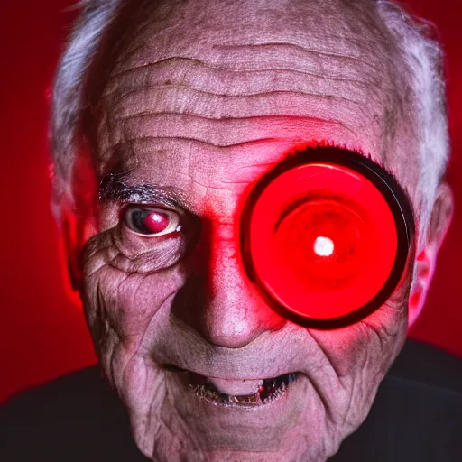 Image similar to an old man with glowing red eyes